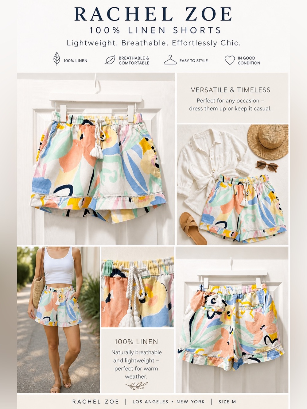 Rachel Zoe 100% Linen Tropical Print Pull-On Shorts Size Medium